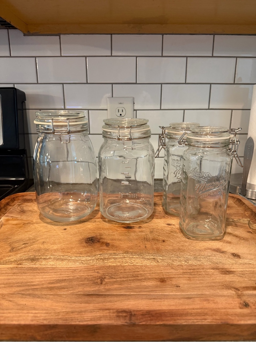 (4) Storage Jars w/ hinged lids - tight seal - 1 IKEA KORKEN 1.9 qt + 3 Mason